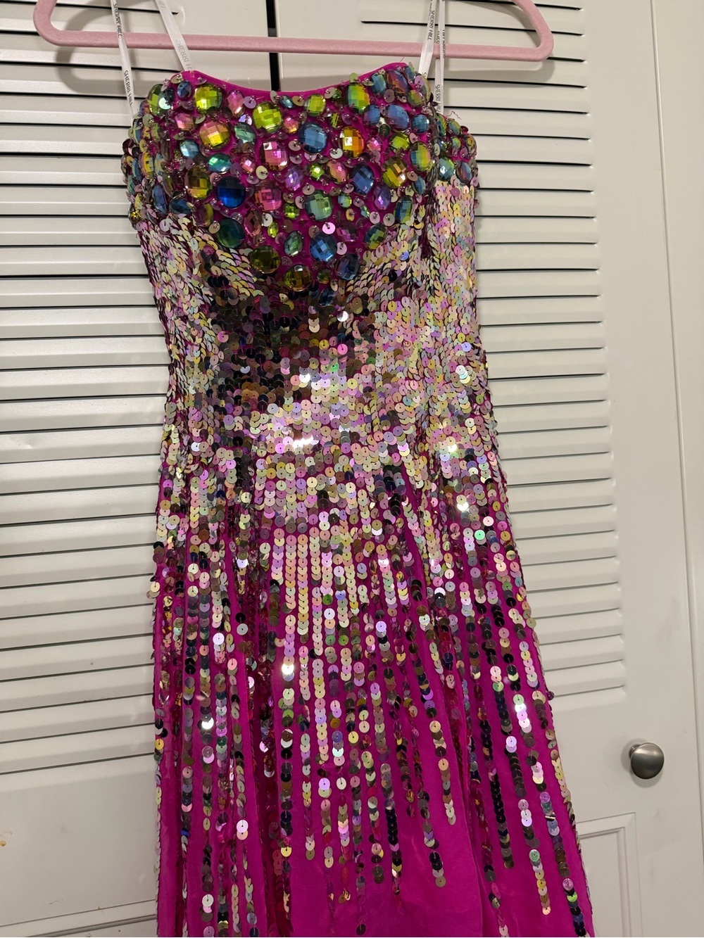 Sherri Hill Fuchsia Strapless Sequin High-Low Gown - Picture 5 of 9
